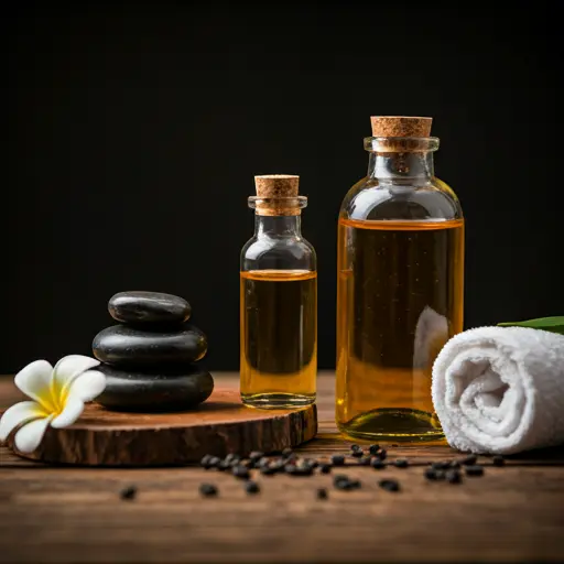 Photographie macro de pierres de massage lisses et huile — soins relaxants Phyt's